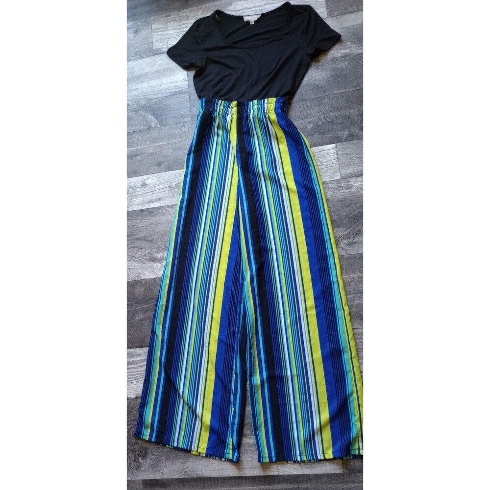 No Comment Women's L Jumpsuit Black Top Multicolor Striped Bottom Jumpsuit